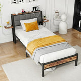 JUISSANO Twin Bed Frame with Wood Storage Headboard/USB Charging Station,Heavy Duty Metal Platform Bed Frames Twin Size No Box Spring Needed,Removable Bedside Shelf,Black and Rustic Brown JUISSANO