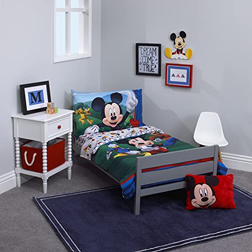 Disney Mickey's Big Adventure Blue, Red, Yellow & Green 4Piece Toddler Bed Set - Comforter, Fitted Bottom Sheet, Flat Top Sheet, Reversible Pillowcase, Blue, Red, Yellow, Green Disney
