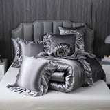 Herside Satin Comforter Set with Sheet Set Queen Size,8 Pieces Grey Ruffle Comforter Silk Like Satin Bedding Set,Soft Smooth Luxury Silky Quilt Set with 1 Cushion Cover All Season Herside