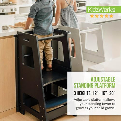 KidzWerks Child Standing Tower Kids Kitchen Step Stool Toddler Wood Stepping Stool - Children's Montessori Stool - Adjustable Platform, Navy Blue - WoodArtSupply