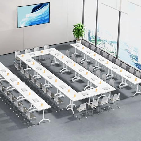 Conference Table Folding Conference Room Table with Wheels 63”x 23.6”Mobile Meeting Tables Foldable Rolling Modern Minimalist Desk for Office Podcast Training Breakroom, White(2pcs) Bisonful
