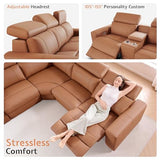 AMERLIFE Power Recliner Sectional Sofa with Storage/USB Port, Leather Recliner Sofa with Adjustable Headrest, Reclining Sectional Couches with Console and Cup Holder for Living Room (Brown, 5-Seater)