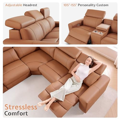 AMERLIFE Power Recliner Sectional Sofa with Storage/USB Port, Leather Recliner Sofa with Adjustable Headrest, Reclining Sectional Couches with Console and Cup Holder for Living Room (Brown, 5-Seater) AMERLIFE