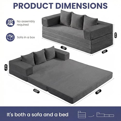 Winzoo Convertible Sofa Bed Couch, 78’’ Oversized 4-in-1 Boneless Couches with Removable Armrests Backrest, Corduroy Futon Sofa Bed, Foldable Mattress Sleeper Sofa for Living Room Bedroom (Grey) Winzoo