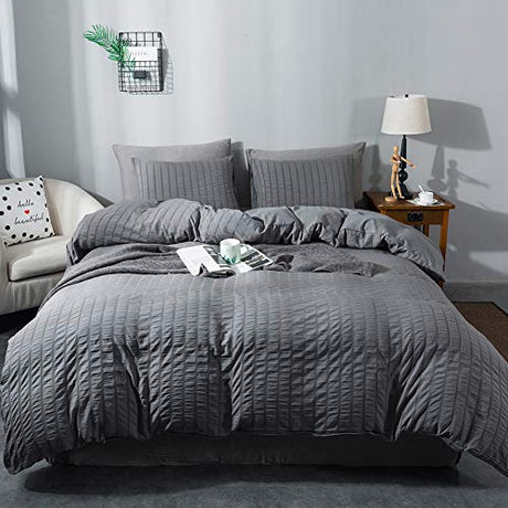 AveLom Queen Duvet Cover Set, 3 Pieces - 90 x 90 in, Dark Gray Microfiber with Zipper and Ties AveLom