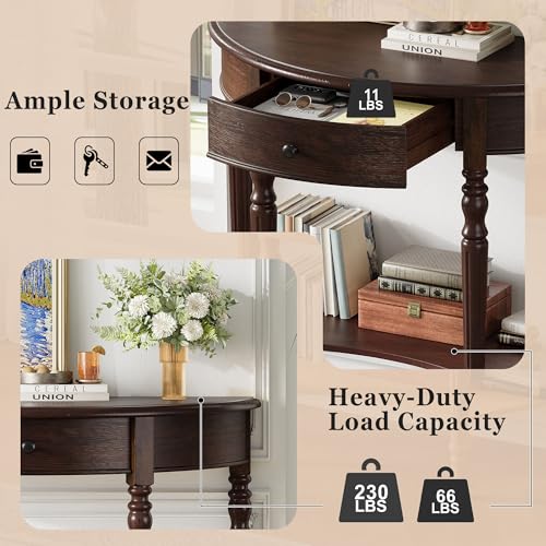 Anwick Vintage Half Moon Console Table with Shelves, Blue Mid Century Entry Way Table with Drawers & Storage, Classy Wooden Sofa Console Tables for Entryway Living Room Hallway & Foyer (Brown) Anwick