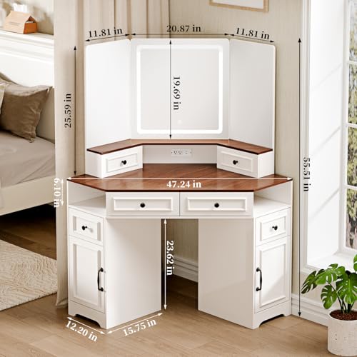 GRUTEUNIT Corner Vanity Desk with Mirror and Lights,Makeup Vanities with Power Outlet and 6 Drawers, 3 Light Settings, Dimmable for Women Girls, Bedroom, White GRUTEUNIT