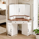 GRUTEUNIT Corner Vanity Desk with Mirror and Lights,Makeup Vanities with Power Outlet and 6 Drawers, 3 Light Settings, Dimmable for Women Girls, Bedroom, White GRUTEUNIT