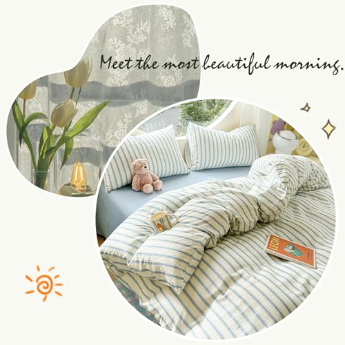 HighBuy Chic Blue Stripe Duvet Cover Set Twin XL,Kids Boys Muslin Cotton Breathable Striped Comforter Cover with 2 Pillowcases,Minimalist Stripes Textured Gauze Bedding Duvet Cover Set HighBuy