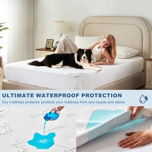 BEDLORE Full Size Waterproof Mattress Protector Viscose Derived from Bamboo, Soft Mattress Cover Fitted with Deep Pocket 6"-15", Breathable Noiseless Mattress Pad, Machine Washable(White) BEDLORE