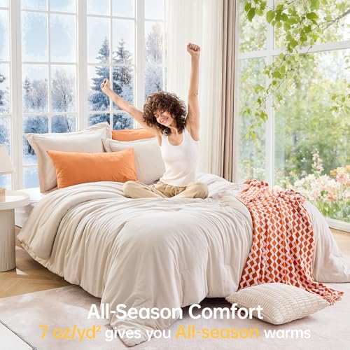 MUXHOMO Beige Full Comforter Sets, All Season Ultra Soft Down Alternative Bedding - 3 Piece Lightweight Bed Set Includes 1 Comforter (82"x86") and 2 Pillow Shams (20"x26") MUXHOMO