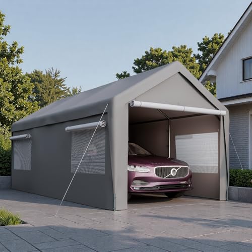 Trygoal 10x20 FT Heavy Duty Carport, Outdoor Storage Shed Tent with Removable Sidewalls & Roll-Up Ventilated Windows, All-Season Portable Garage Shelter with Rubber Ropes & Ground Anchors, Grey Trygoal