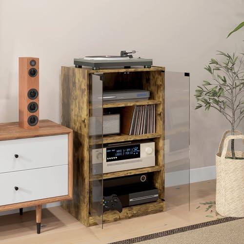 HOMCOM Media Cabinet, 4-Tier Stereo Cabinet, Record Player Stand with Vinyl Record Storage, Adjustable Shelves, Tempered Glass Doors and Cable Management, Rustic Brown HOMCOM