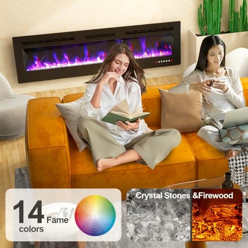 ROCSUMOO Smart Electric Fireplace - 80 Inch Electric Fireplace Inserts, Wall Mount or in-Wall Recessed Fireplace Heater, Electric Fire Place W/12H Timer, Flame Colors and Brightness (80 Inch, WiFi) ROCSUMOO