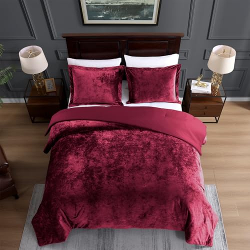 TAMGHO Crushed Velvet Maroon Burgundy King Size Comforter Set, Dark Red Luxury Soft Fluffy Bedding for All Seasons, 3 Pcs Bed Set Includes 1 Comforter (108"x96") and 2 Pillow Shams (20"x36")