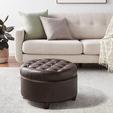 Homepop Home Decor | Button Tufted Faux Leather Round Storage Ottoman | Ottoman with Storage for Living Room & Bedroom (Distressed Brown) HomePop