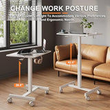 Gamork 18.9 * 25.6 inch Mobile Standing Desk,T Shaped Pneumatic Adjustable Height Stand Up Desk,with Lockable Wheels,Ergonomic Standing Side Table for Home Office Work Computer Workstation White Gamork