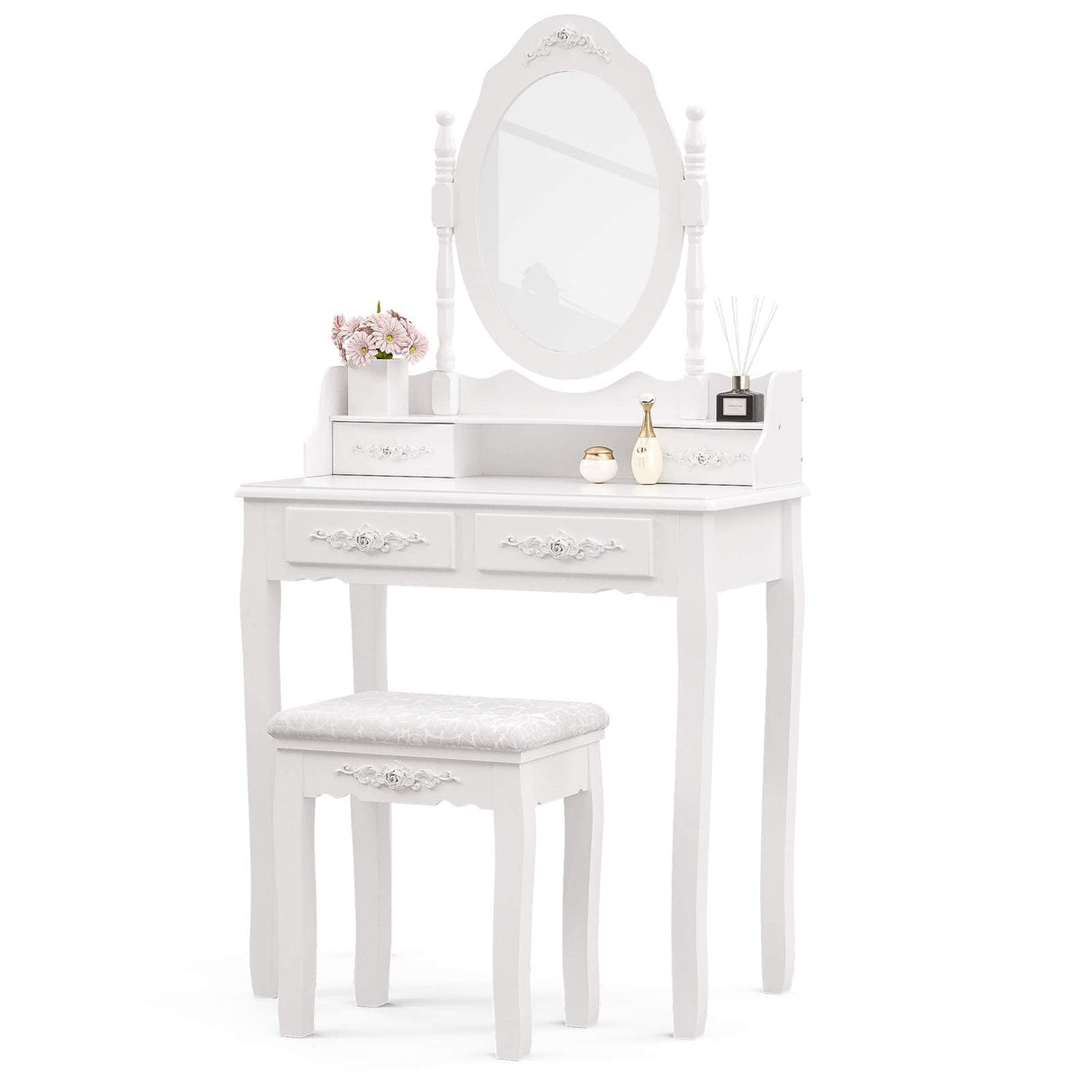 Alohappy Makeup Vanity Set with Mirror & Stool for Girls, Vanity Table and Cushioned Stool Set with 4 Drawers, Wood Dressing Table for Bedroom Alohappy