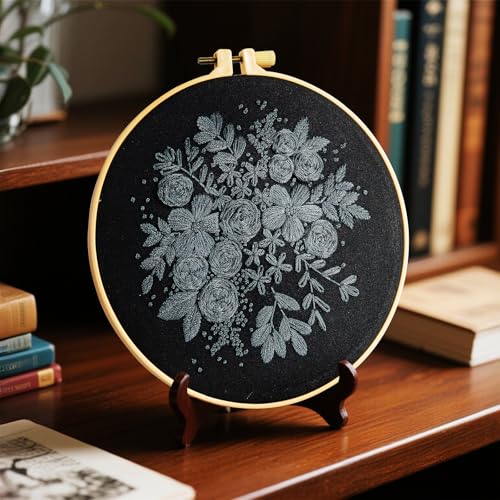 Crafmanoe Embroidery Kits for Beginners Adults, Black Flowers Embroidery Starter Kits, Counted Cross Stitch Kits for Beginners Adults Hobbies Set for Women, Embroidery Hoops, Thread and Video Tutorial