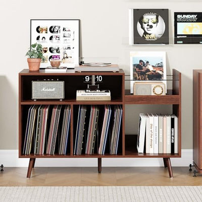 RARZOE Large Record Player Stand, Mid Century Vinyl Record Display Stand, Turntable Stand with Storage, Record Player Holder Up to 350 Albums, Record Vinyl Storage Cabinet for Living Room, Walnut