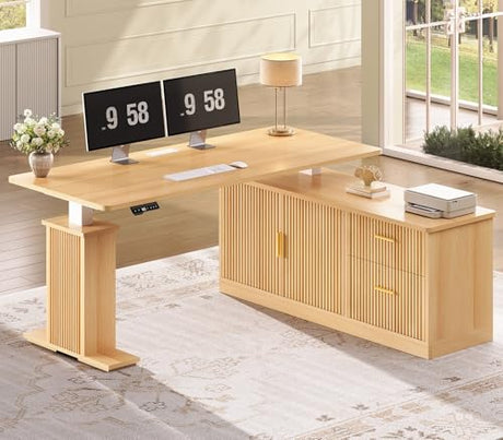 SEDETA L Shaped Electric Standing Desk, 55 inch Height Adjustable Office Executive Desk with Storage Drawers, Fluted Sit Stand Corner Computer Desk with Power Outlets for Home Office, Oak SEDETA