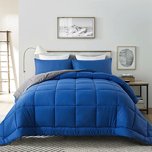 DOWNCOOL Twin Comforter Set -All Season Bedding Comforters Sets with 1 Pillow Case -2 Pieces Bed Set Down Alternative Comforter Set -Blue/Grey Twin Bedding Sets(64"x88") DOWNCOOL