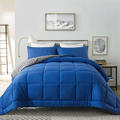 DOWNCOOL Queen Comforter Set -All Season Bedding Comforters Sets with 2 Pillow Cases-3 Pieces Bedding Sets Queen -Down Alternative Blue/Grey Queen Size Comforter Sets(88"x92")