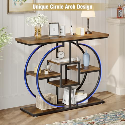 GiftGo Narrow Console Table for Entryway Industrial 4-Tier Sofa Table Behind Couch with Circle Base Rustic Wooden Accent Tables with Storage Shelves for Living Room, Hallway, Foyer (Brown) GiftGo