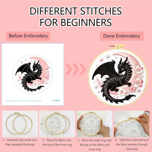 Zhenqing Black Dragon and Pink Moon Embroidery Kit, Fantasy Mystical Craft Set with 20cm Hoop, Printed Design on 29x29cm Cotton Fabric, DIY Gothic Art (JC0067)