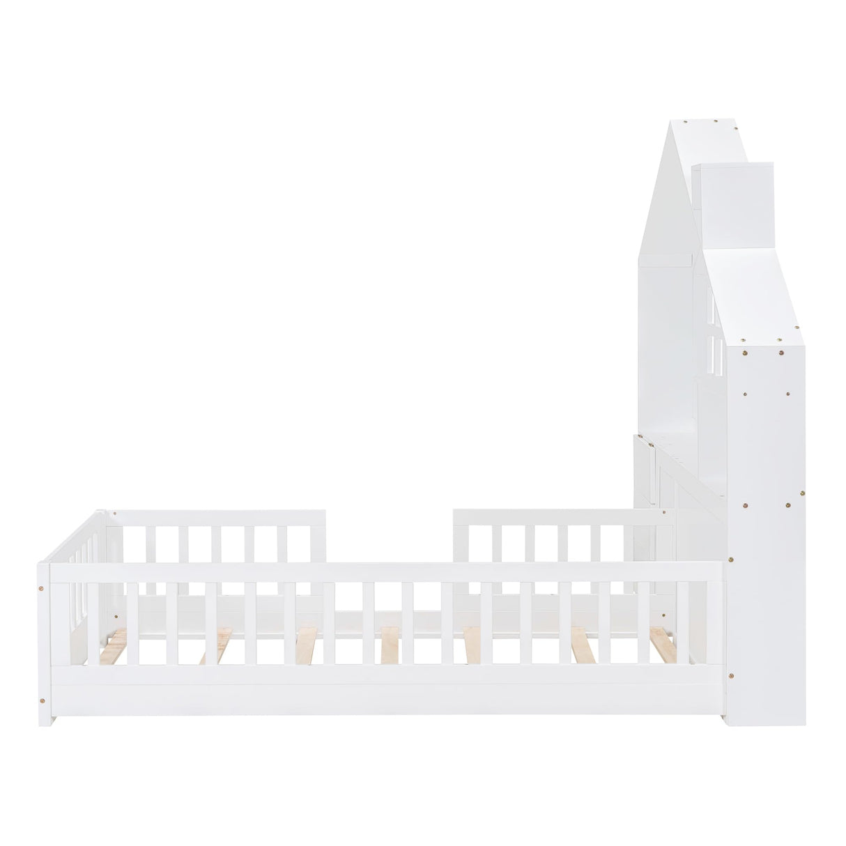 Harper & Bright Designs White Twin Montessori Floor Bed with House-Style Headboard, Storage Drawers, Shelves, and USB Ports Harper & Bright Designs