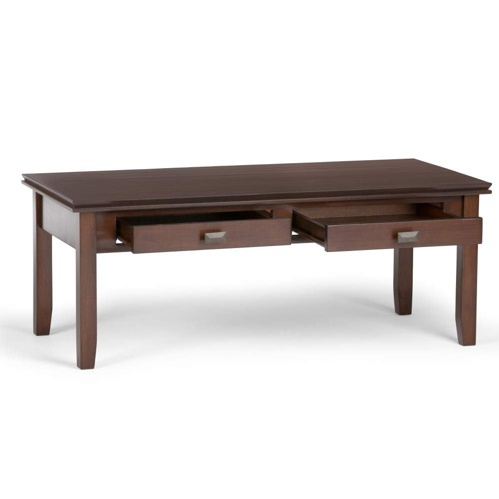 SIMPLIHOME Artisan SOLID WOOD 46 inch Wide Rectangle Coffee Table in Russet Brown, for the Living Room and Family Room - WoodArtSupply