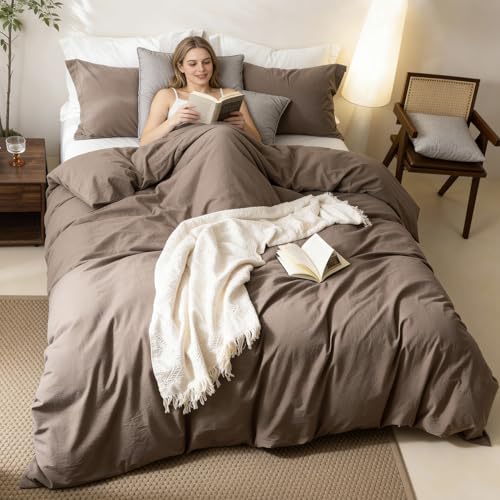 BDEAR Linen Feel Light Chocolate Brown Duvet Cover Queen Size 90'' L x 90'' W, Percale 100% Washed Cotton Duvet Cover with Zipper Closure Plus 2 Pillowcases, Oeko TEX Standard Certificated BDEAR