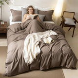 BDEAR Linen Feel Light Chocolate Brown Duvet Cover Queen Size 90'' L x 90'' W, Percale 100% Washed Cotton Duvet Cover with Zipper Closure Plus 2 Pillowcases, Oeko TEX Standard Certificated BDEAR