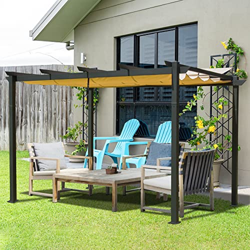 Domi Outdoor Living 9’ x 13’ Outdoor Retractable Pergola Against The Wall with Weather-Resistant Canopy Aluminum Garden Pergola Patio Grill Gazebo for Courtyard