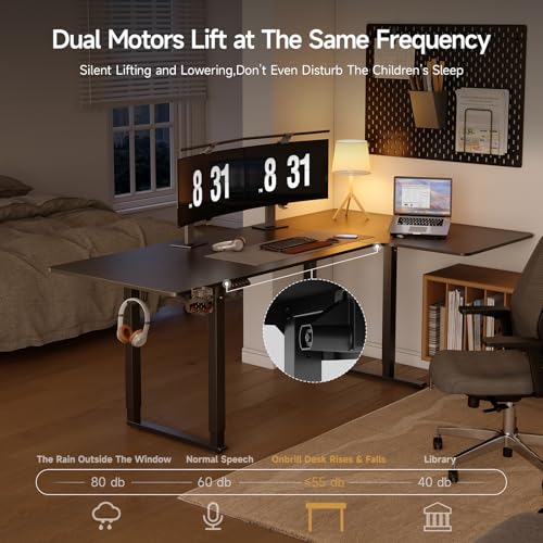 ONBRILL L Shaped Standing Desk, 63x43 Inches Electric L Stand Up Desk with 4 Legs, Dual Motor and Memory Controller, Adjustable Height from 28-46 Inches for Home and Computer Workstation, Black ONBRILL