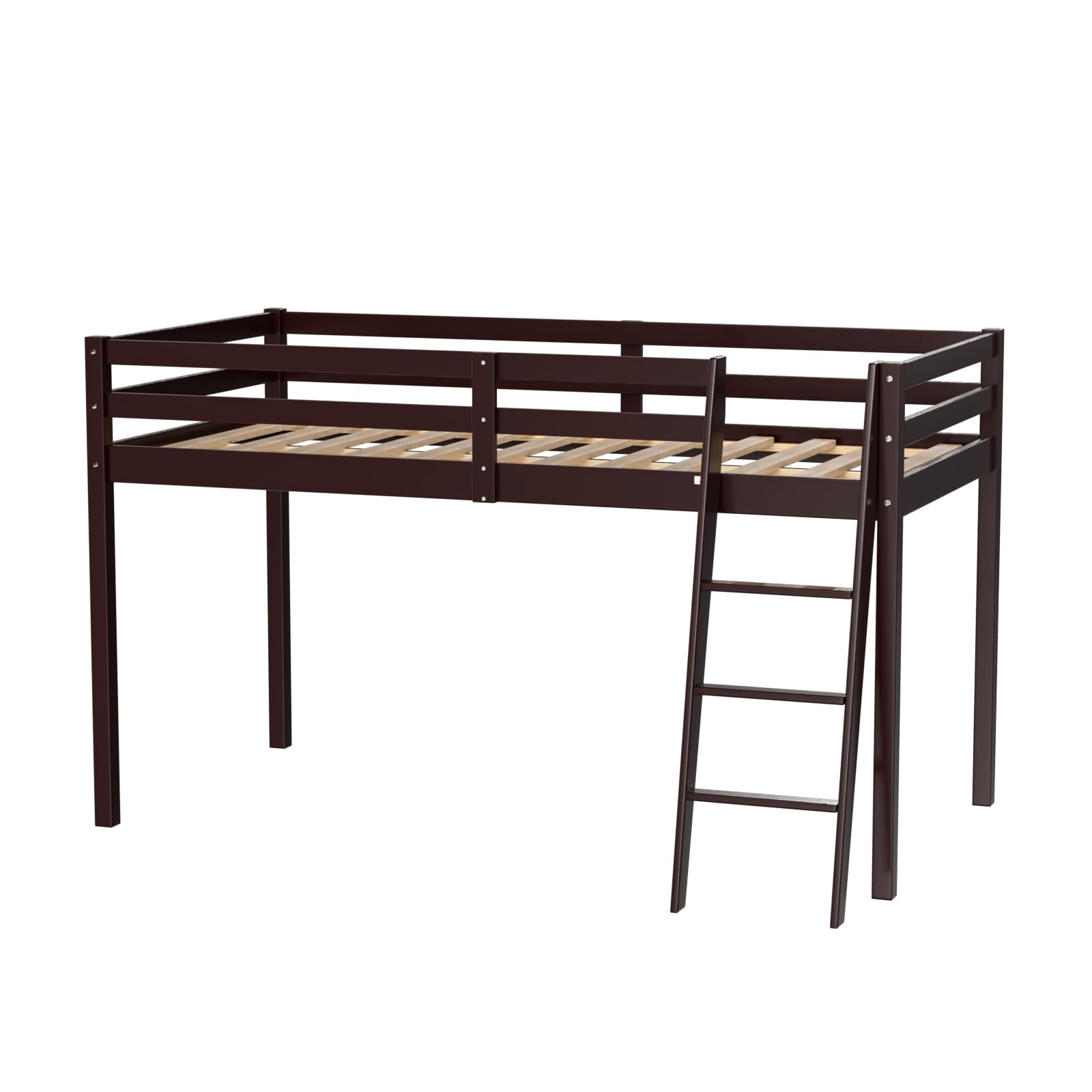 Bonnlo Twin Low Loft Bed with Inclined Stairs and High Guard Rail - Espresso Solid Wood Design - WoodArtSupply