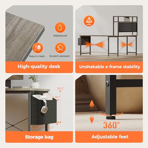 Mericonia 50 inch Large L Shaped Desk with Pegboard Hutch & Shelves, Corner Gaming Desk with Power Outlet, LED Light & Storage Bag, Reversible Computer Desk for Home, Bedroom, Office Workspace, Grey Mericonia
