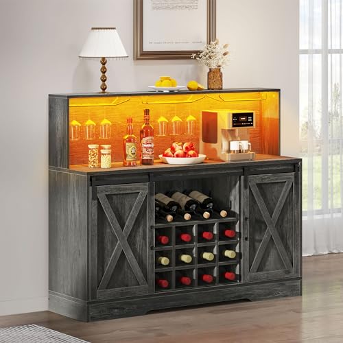 YITAHOME Farmhouse Coffee Bar Cabinet w/Power Outlets LED Lights 55" Sideboard Buffet Cabinet w/Sliding Barn Door Wine and Glass Rack Home Liquor Bar Cabinet with Storage Shelves for Kitchen, - WoodArtSupply