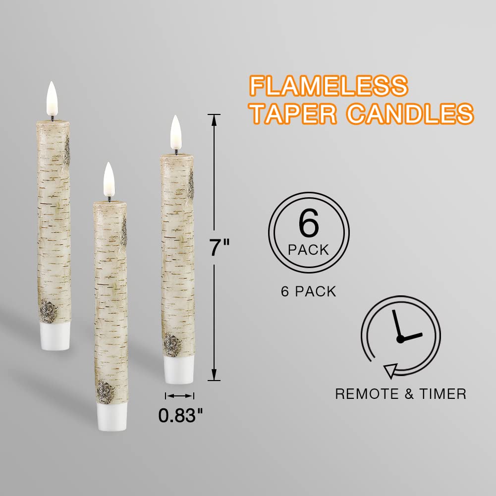 Eywamage Short Birch Bark Flameless Taper Candles with Remote, Flickering Wood LED Wax Candlesticks Set of 6 Eywamage