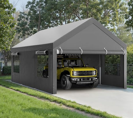 Walsunny Carport, 12x20 ft Heavy Duty Carport Canopy with Roll-up Windows, Portable Garage with Removable Sidewalls & Doors, Car Canopy with All-Season Tarp for Car, Truck, Boat Walsunny