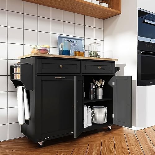 Fingertip WD Rolling Kitchen Island with Drop Leaf - Kitchen Trash Cabinet Tilt Out 10 Gallon Storage, Storage Islands Movable Carts with Rubberwood Top, Spice Rack and Drawers for Dining Room(Black)