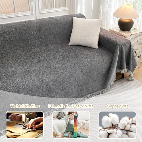 MYSKY HOME Couch Cover for Dogs, Washable Couch Covers, Non Slip Sofa Cover, Couch Cover 2 Cushion Sofa Dogs Furniture Protector with Tassels, Chenille Sofa Slipcover for Pets, 71"x118", Dark Grey MYSKY HOME