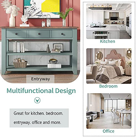 48'' Solid Wood Console Table, Modern Entryway Sofa Side Table with 3 Storage Drawers and 2 Shelves. Easy to Assemble (Green) Quarte