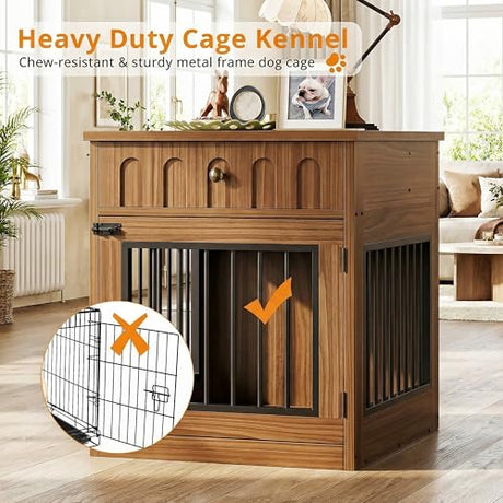 IRONCK Dog Crate Furniture, Wooden Dog Crate with Drawer and Flip-Top Storage, Indoor Dog House End Table for Small Breeds, for Living Room, Bedroom, Walnut IRONCK