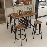 COSTWAY 5-Piece Bar Height Dining Set, 4-Person Table and Stools with Wine Racks & Glass Holders, Kitchen Breakfast Set for Home, Coffee Shop, Rustic Brown & Black COSTWAY