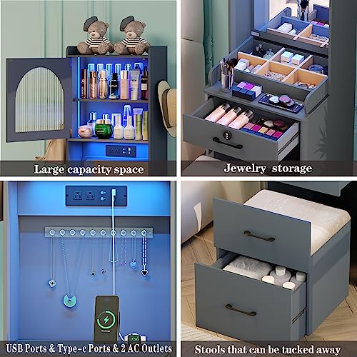 Dystler Makeup Vanity with Mirror and Lights, Vanity Desk with Drawers and Shelves, Makeup Desk with Storage Stool, Compact Vanity Table with Charging Station for Small Space, Grey Dystler