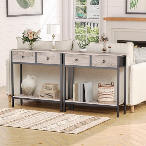 HOOBRO 29.5" Narrow Console Table with 2 Fabric Drawers, Small Entryway Table with 2-Tier Storage Shelves, Sofa Table, Behind Couch Table, for Living Room, Hallway, Greige and Black BG71XG01 HOOBRO