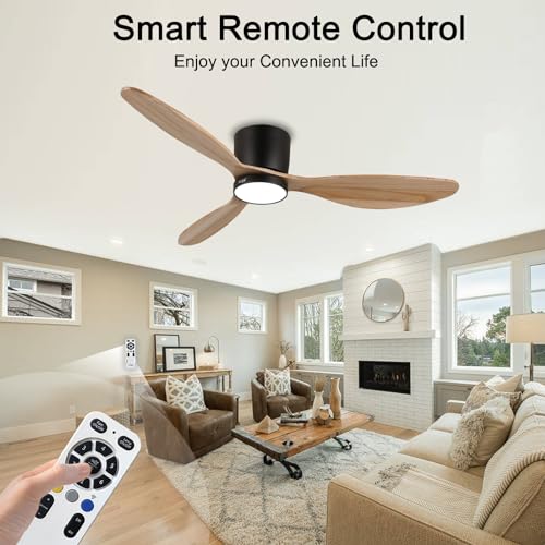 reiga 52" Natural Wood Ceiling Fan with Light and Remote, 3 Blade Flush Mount Low Profile Ceiling Fan for Bedrooom Living Room, Quiet DC Motor - WoodArtSupply