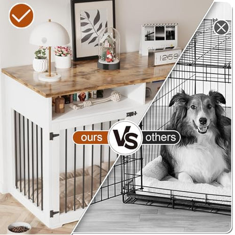 55'' Dog Crate Furniture for 2 Dogs, Wooden Dog Cage with Storage Compartment, Indoor Dog Kennel with 2 Doors for Large/Medium Dogs, White REVOMINCA