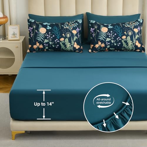 Yiran King Size Comforter Set 7 Pieces, Peacock Blue Botanical Floral Winter Comforter Bedding Set, Bed in a Bag King, Soft Microfiber Complete Bedding Set with Sheets for All Season Yiran